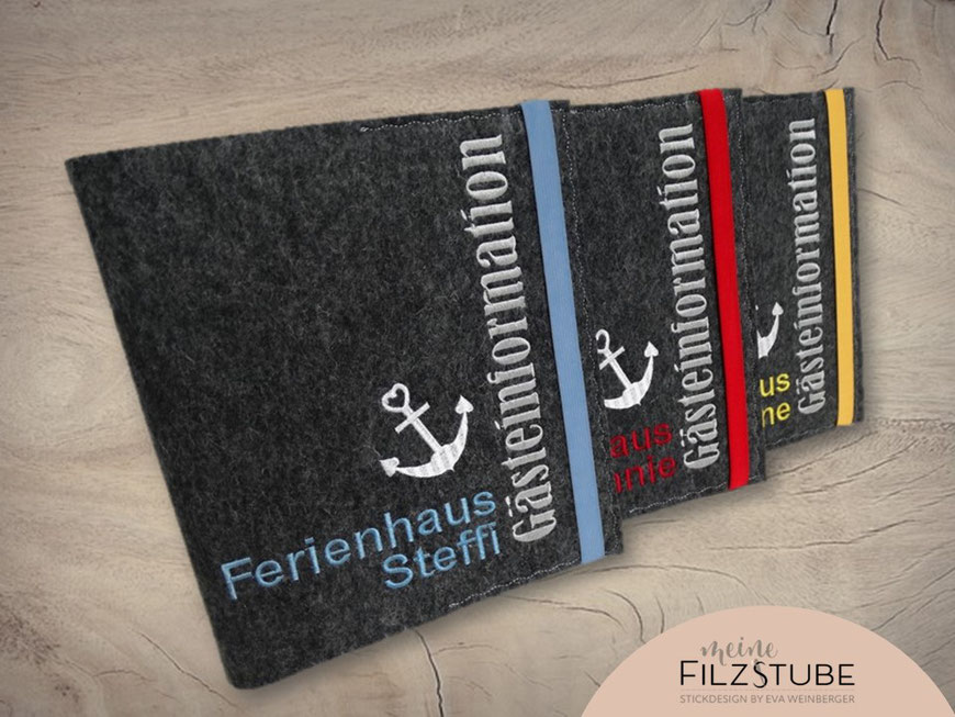 Gästemappe Infomappe Ferienhaus Informationsmappe Gästeinformation Filz personalisierbar individuell Logo maritim Anker