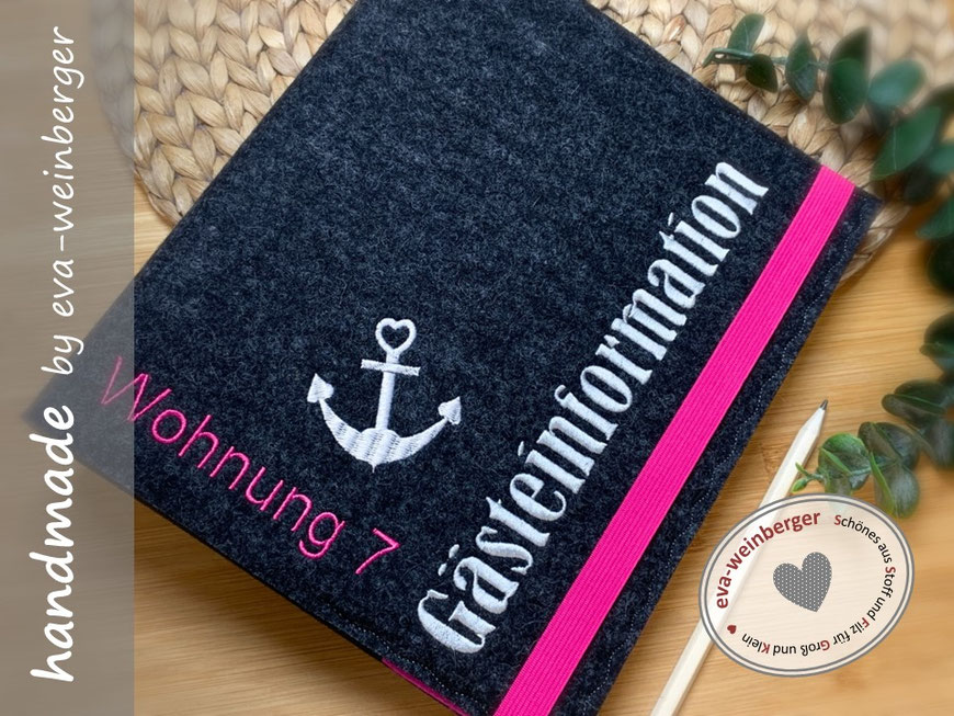 Gästemappe Infomappe Ferienhaus Informationsmappe Gästeinformation Filz personalisierbar individuell Logo maritim Anker