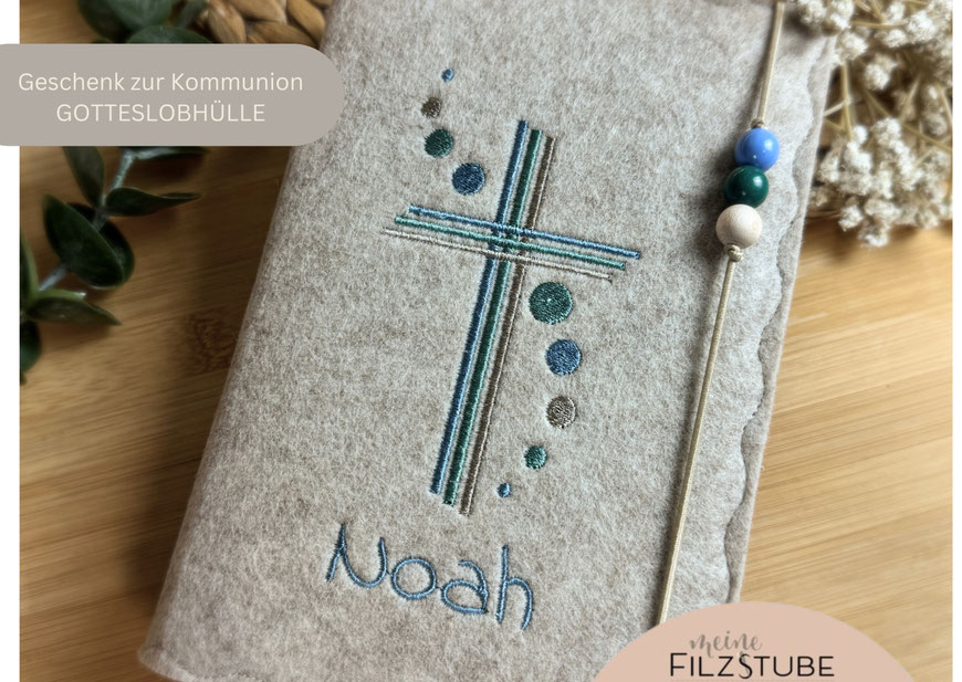 Gotteslobhülle Filz mit Name personalisiert bestickt mit Kreuz Kommuniongeschenk Mädchen Junge Filzhülle evangelisches Gesangbuch
