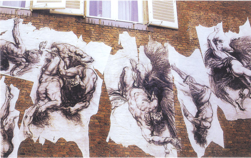 Invention-Images-Face à la maison de Rubens, 1983, dessins, fusin et pierre noire sur papier.