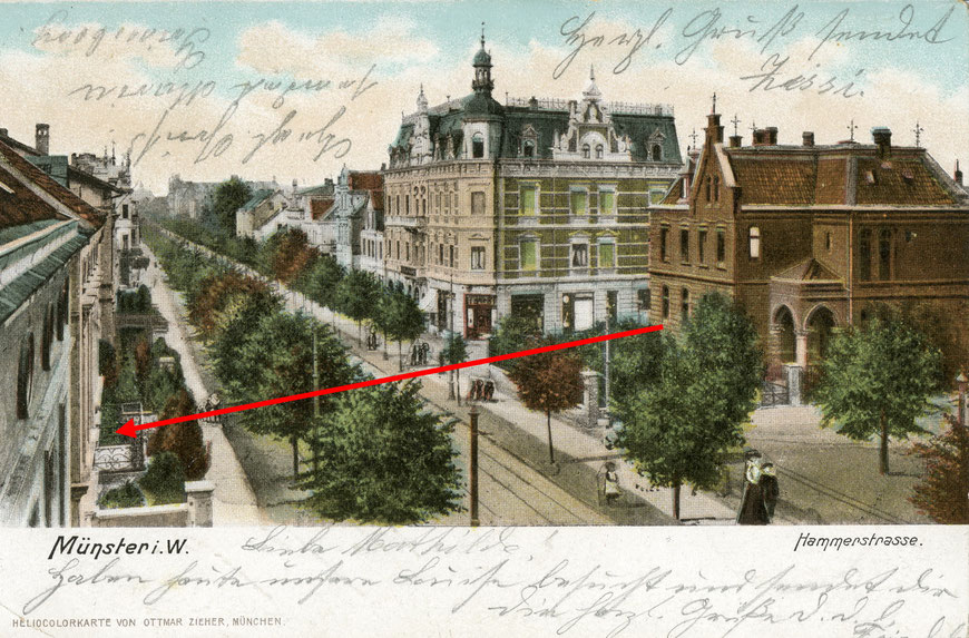 Schräg gegenüber der Josephskirche (Vorläuferbau) lag die Gaststätte Cords - handkolorierte Ansichtskarte um 1902, Sammlung Henning Stoffers