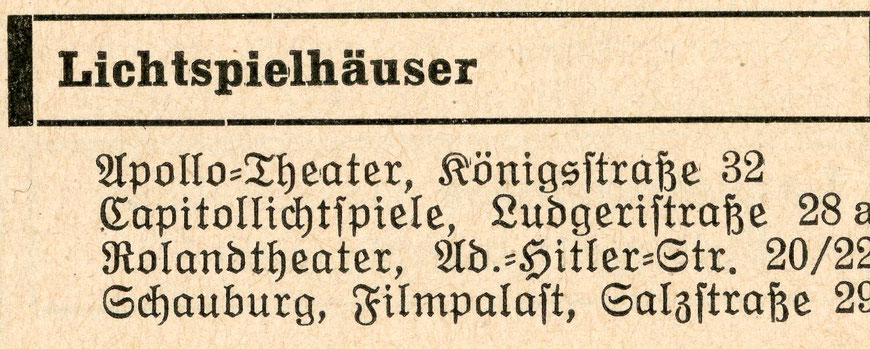 Münsters vier großen Kinos - Einwohnerbuch 1939