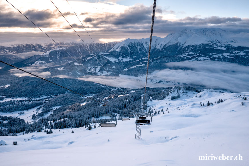 Sessellift, Curnius, Crap Sogn Gion, Bergbahnen, Winter, Flims, Laax, Fotografin