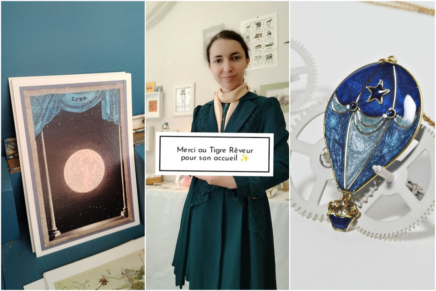 A gauche: Carte postale "Le théâtre de la Lune" imaginée par Christina / A droite: Pendentif "Montgolfière Etoilée" réalisé par Miss red