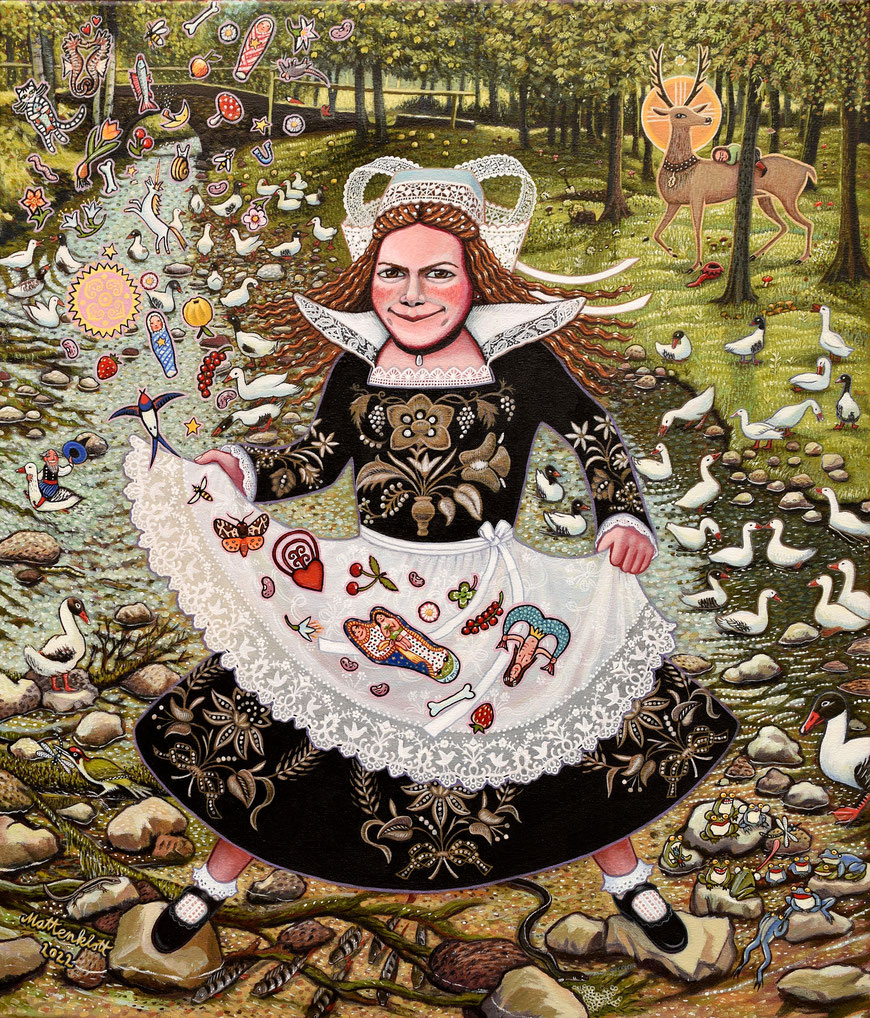 Anja Mattenklott, "Bretonisches Mädchen am Gänsefließ", 60 cm x 70 cm , Gouache, Pigmente, Tusche auf Leinwand, 2022