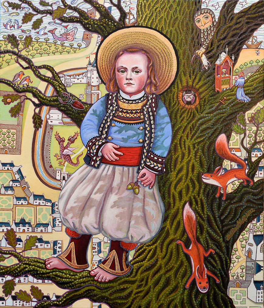 Anja Mattenklott, "Bretonischer Junge auf Eichenbaum", 60 cm x 70 cm , Gouache, Pigmente auf Leinwand, 2022