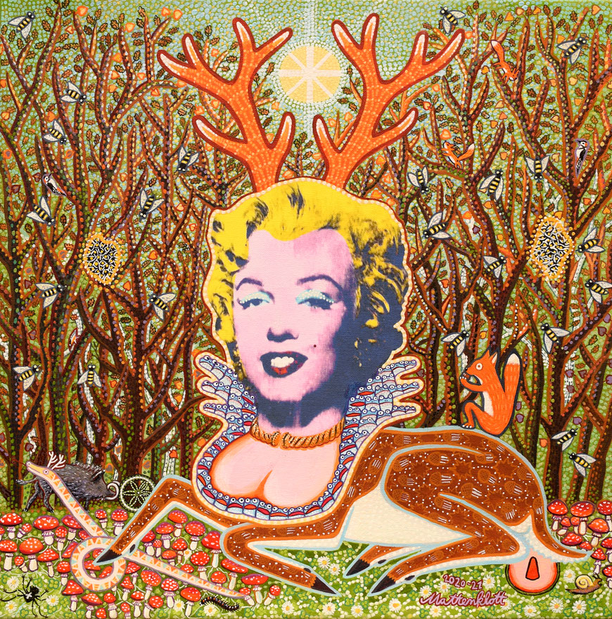 Anja Mattenklott: "Marylin Hirsch", 2020 und 2021, 50 cm x 50 cm, Leinwanddruck übermalt mit Gouache und Pigmenten