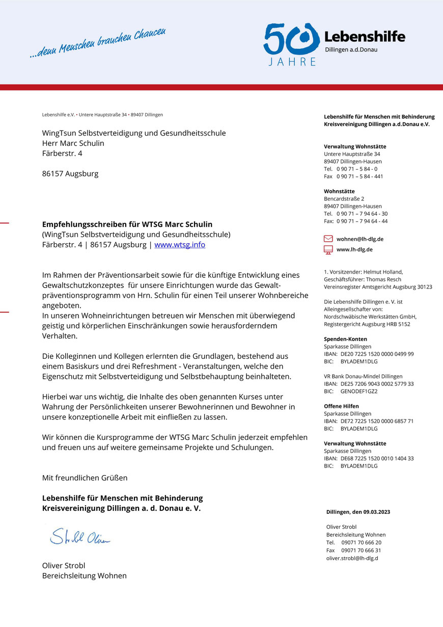 Empfehlungsschreiben Lebenshilfe Dillingen a. d. Donau WTSG-Präventionsprogramm für Firmen+Behörden