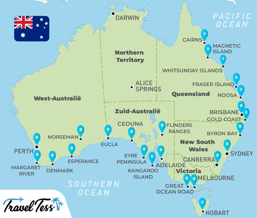Kaart reisbestemmingen Australie