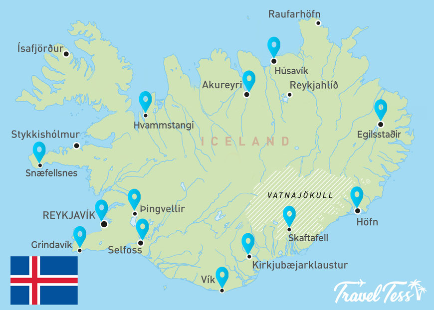 Kaart met reisbestemmingen IJsland