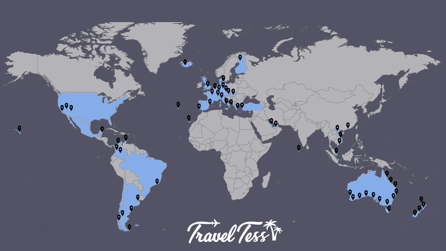 Wereldkaart bestemmingen TravelTess