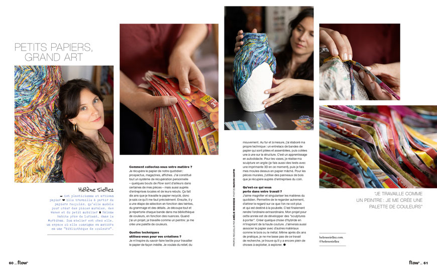 artiste travaillant des bandes de papier recyclé coloré pour créer une sculpture en relief – Hélène Siellez / double page de magazine présentant le travail de sculpture en papier recyclé de Hélène Siellez