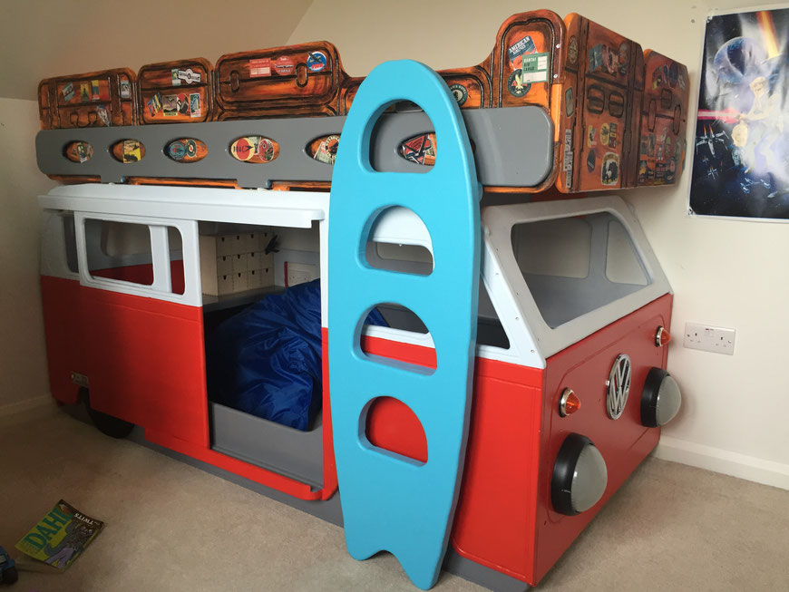 Handmade VW campervan-style bunk bed built for a child’s bedroom