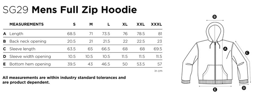 Maße Größen Size Mens Full Zip Hoodie SG29