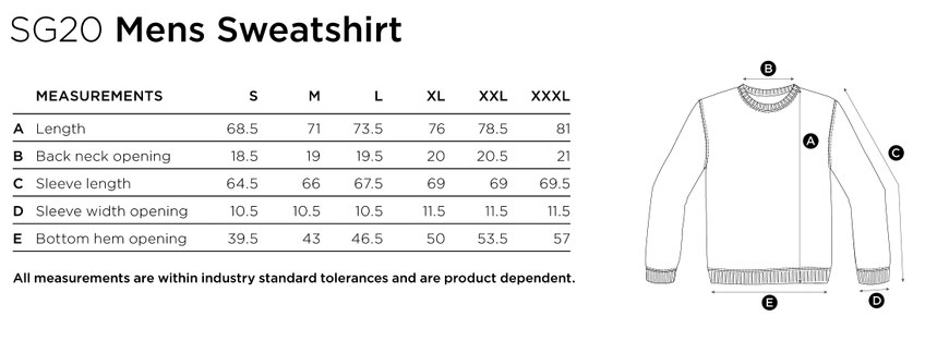 Maße Size Größenangaben Mens Sweatshirt SG20