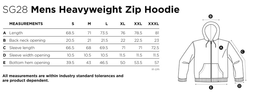 Maße Größen Size Mens Heavyweight Zip Hoodie SG28