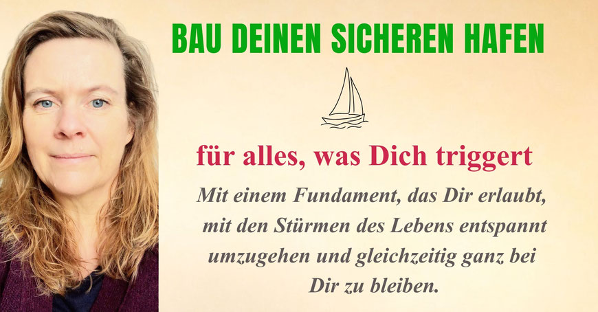 Bild für die Startseite von mein schützling mit einem Portraitbild der Inhaberin Sylvia Schütz und der Aufschrift: Bau deinen sicheren Hafen für alles, was dich triggert. Mit einem Fundament, das dir erlaubt, mit den Stürmen des Lebens entspannt umzugehen