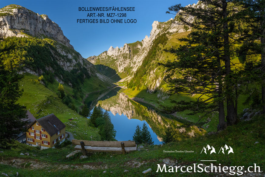 Marcel Schiegg, Fotografie, Fählensee, Bollenwees, Berggasthaus Bollenwees, Fälensee, Bergsee, Spiegelung, Alpstein, Appenzell, Appenzellerland, Schweiz, Roslenfirst