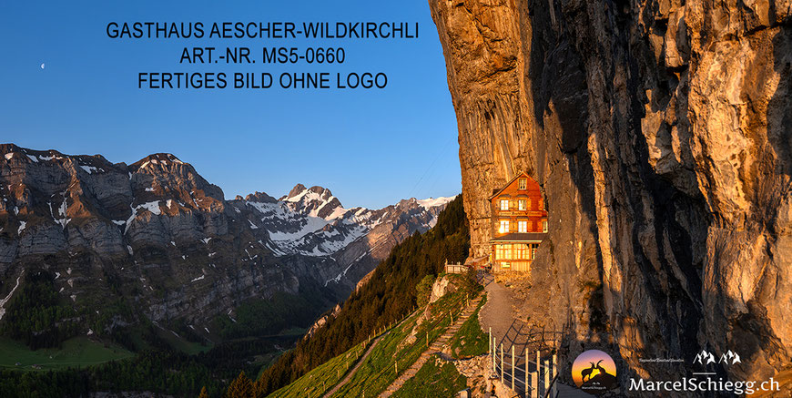 Marcel Schiegg Fotografie, Wandbild, Berggasthaus Aescher, Wildkirchli, Ebenalp, Alpstein