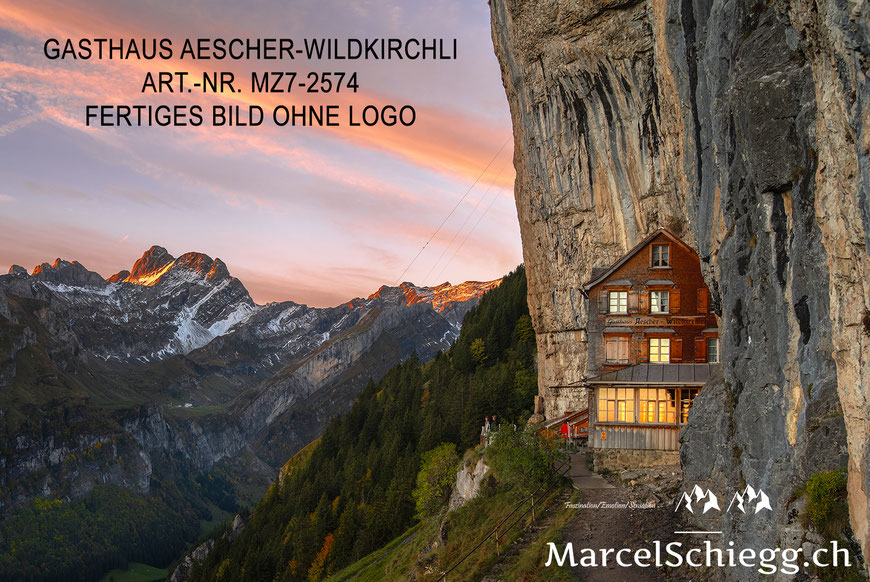 Marcel Schiegg Fotografie, Wandbild, Berggasthaus Aescher, Wildkirchli, Ebenalp, Alpstein