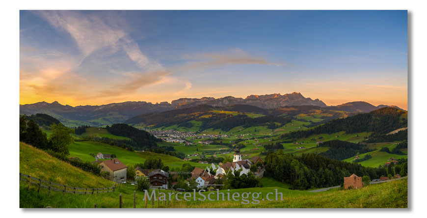 Alpsteinpanorama, Alpstein, Appenzell, Appenzellerland, Marcel Schiegg, Säntis, Hoher Kasten, Sonnenaufgang, Morgenstimmung, Alpenglühen, Bergglühen