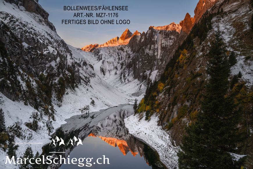 Marcel Schiegg, Wandbild, Spannbild, Wanddekoration, Appenzell, Appenzellerland, Raumakustik, LED Wandbild, Shop, Leinwandbild, Bollenwees, Fählensee, Faehlensee, Dibond Finerart, Alpstein