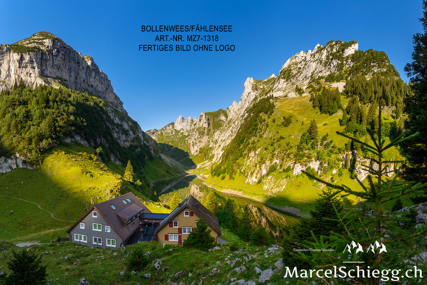 Marcel Schiegg, Fotografie, Fählensee, Bollenwees, Berggasthaus Bollenwees, Fälensee, Bergsee, Spiegelung, Alpstein, Appenzell, Appenzellerland, Schweiz, Roslenfirst