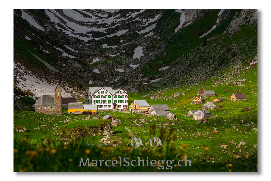 Meglisalp, Appenzell, Appenzellerland, Frühling, Schnee, Altmann, Alpen, Schweiz, Alpstein, Marcel Schiegg, Sepp Manser, Morgenstimmung, Gasthaus Meglisalp, Rotsteinpass