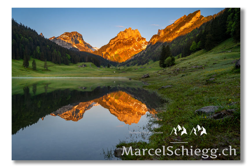 Sämtisersee, Alpstein, Spiegelung, Schweiz, Alpen, Bergwelten, Appenzell, Appenzellerland, Plattenbödeli, Switzerland, Reflection, Landschaft, Natur, Fotografie, Morgenstimmung, Bergsee