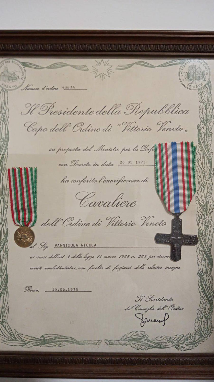 Diploma, datato 1973, di investitura dell'Ordine di Vittorio Veneto del bis nonno Nicola Vannicòla, classe 1896