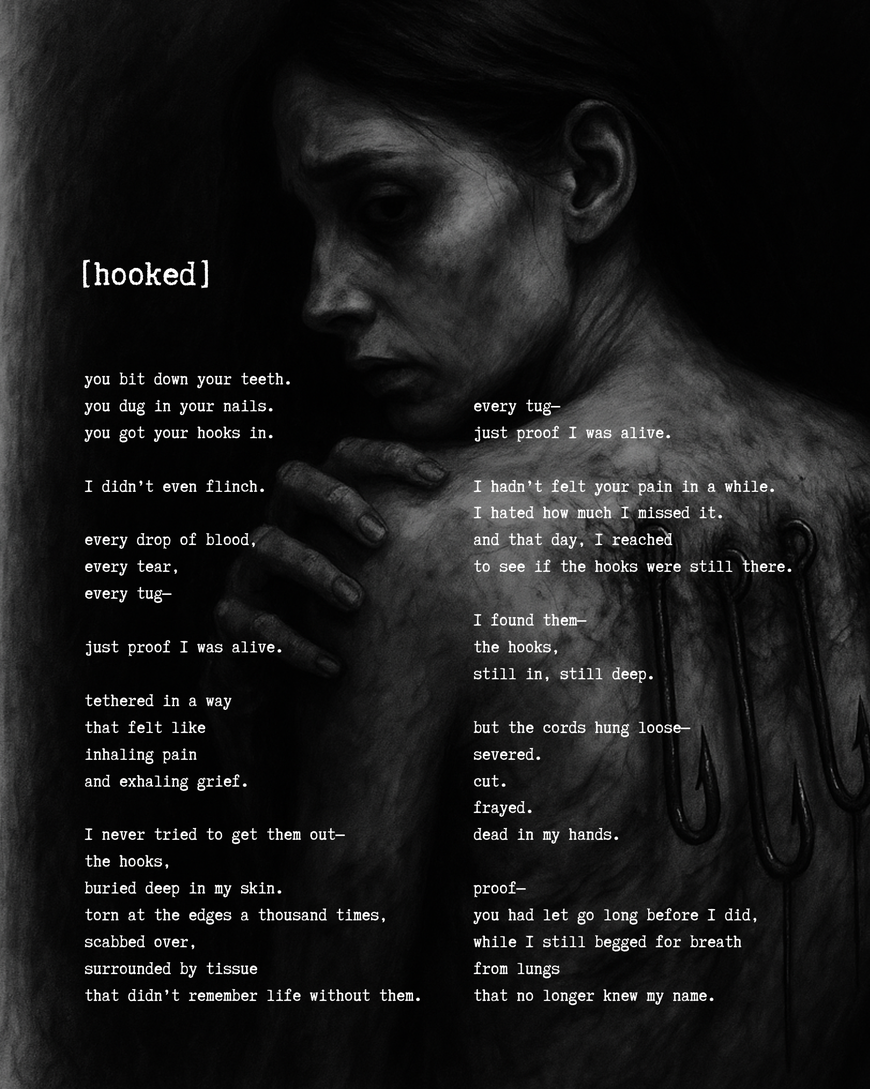 poem titled [hooked]. White text on a black and white artwork showing a woman glancing over her shoulder. We see hooks embedded in her skin.
