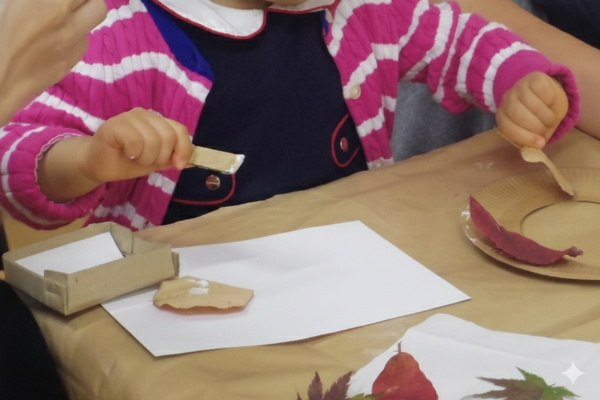 1歳児がモンテッソーリの活動で、落ち葉のリースを製作。落ち葉にボンドをぬって土台に位置を調整しながら貼っています