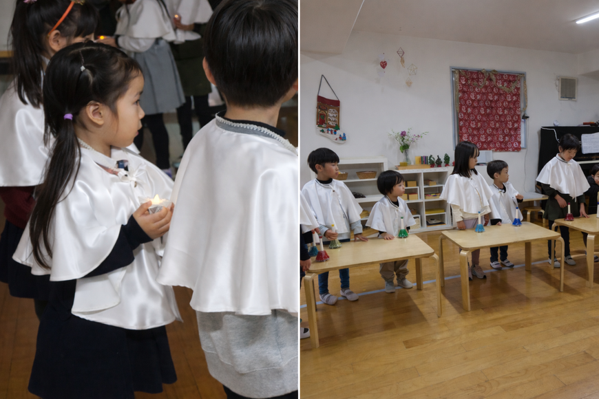 幼稚園児がクリスマスならではのリトミックを楽しんでいます。