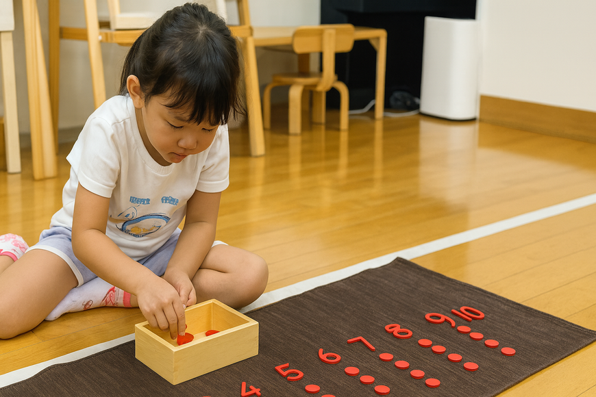 数字と同じだけ、手のひらに玉をとり、量を確かめたら、数字に合わせて並べて。集中力と丁寧さが育まれる！