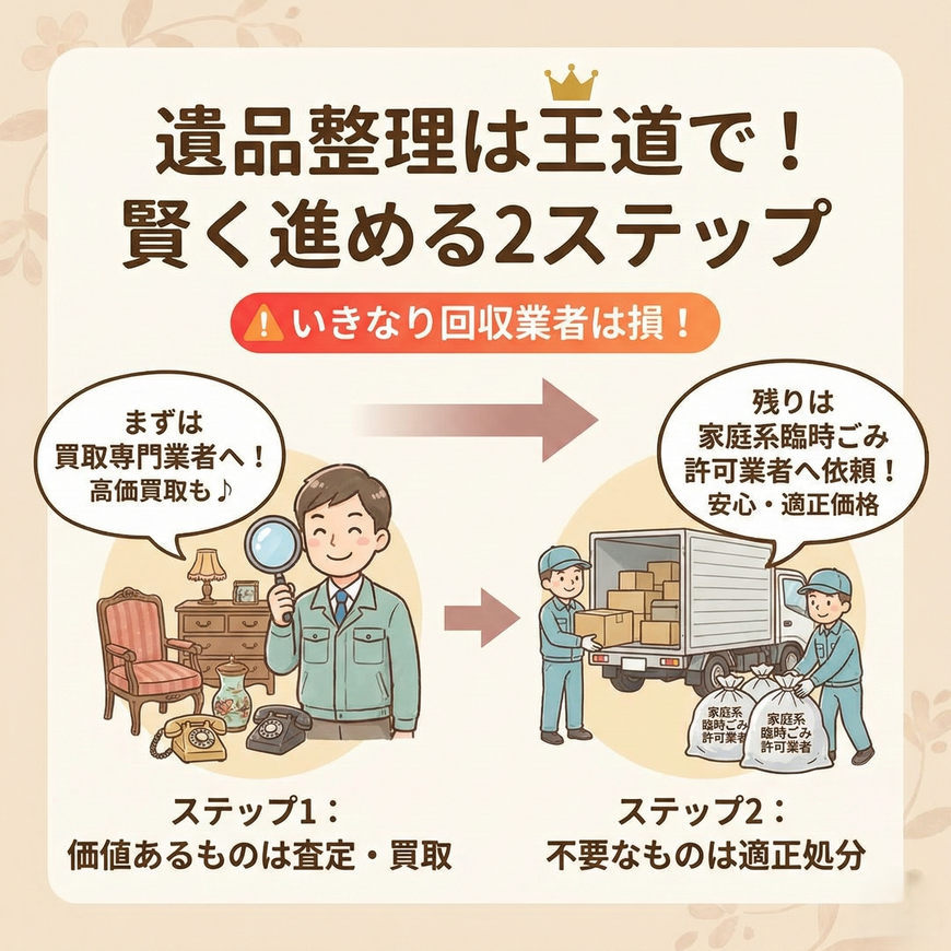 遺品整理、「捨てる前」が運命の分かれ道。    まずは買取専門業者にご相談ください。遺品整理において、多くの品物を「ゴミ」として処分してしまうと、高額な処分費用がかかってしまいます。しかし、その前に専門業者の目を通すことで、それらが「価値ある資産」に変わり、ご遺族の負担を大きく減らせることが多々あります。心身ともに大変な時期だからこそ、賢く、そして故人の想いを大切にする整理方法を選びませんか？