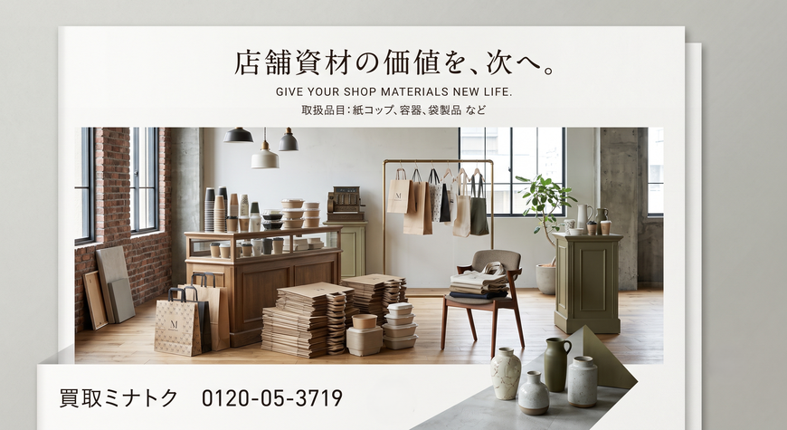店舗資材　備品　包装・梱包資材　陳列・販促資材　レジ周り・会計資材　出張買取　宅配買取