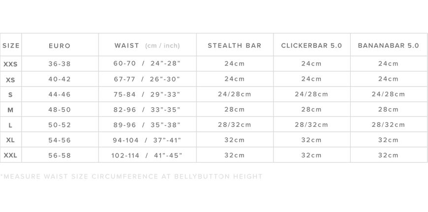 Mystic Waist Harness Sizechart, Mystic Stalth Bar Size Chart