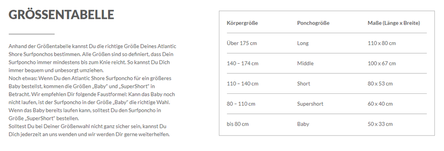 Atlantic Shore Poncho Sizechart Größentabelle WindSucht