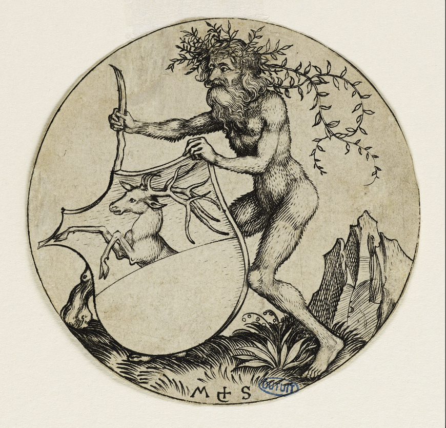 Martin Schongauer, Homme sauvage tenant un écu à la tête de cerf, v. 1485-1491, gravure, Musée Unterlinden, Colmar 