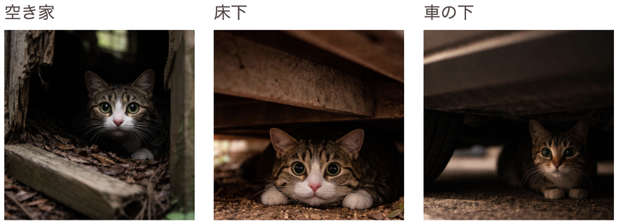 猫ちゃんの普段の生活環境や  性格、個体差によって  迷子になっている場所は様々です     空き家・床下・車の下・茂みの中  物置の下・木の上・屋根の上  室外機の隙間・建物の隙間  側溝の中・資材置き場・保護など