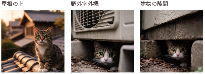 猫ちゃんの普段の生活環境や  性格、個体差によって  迷子になっている場所は様々です     空き家・床下・車の下・茂みの中  物置の下・木の上・屋根の上  室外機の隙間・建物の隙間  側溝の中・資材置き場・保護など