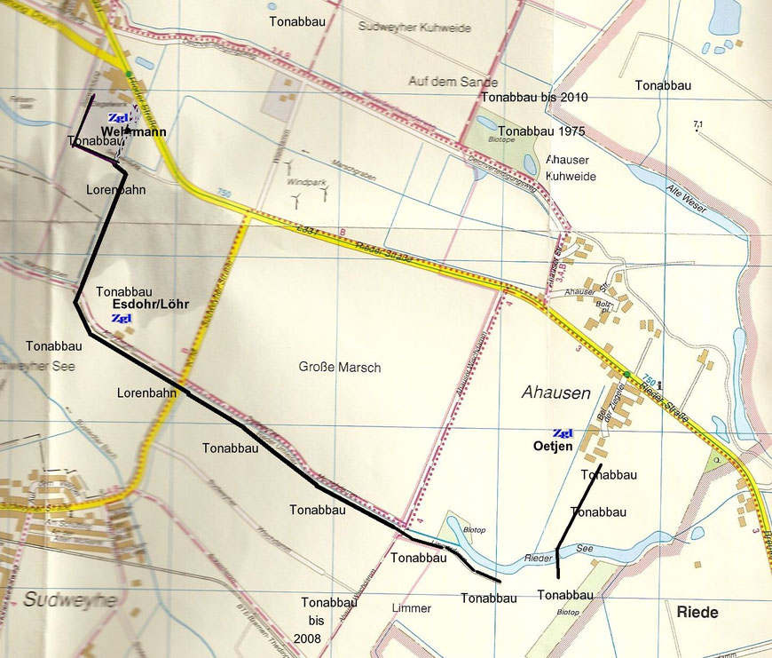 Ortsplan Weyhe v. 2008 mit eingezeichnetem Verlauf der ehemaligen Feldbahnen