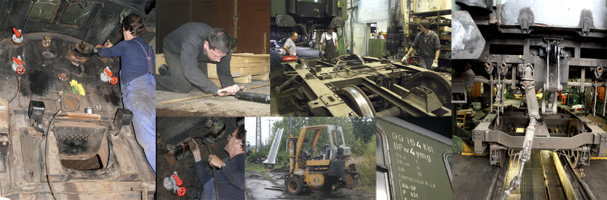 Die Bilder im Uhrzeigesinn: Auf dem Führerstand der 44 1378, Fortgang der HU an einem Güterwagen, Bilder von der HU an einem yl-Wagen, Reparatur am Stapler und  wieder die 44 1378.