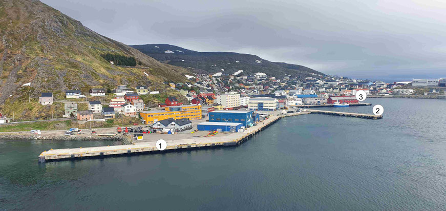 Anlegestellen in Honningsvåg: 1= Liegeplatz Nord; 2 = Liegeplatz 3; 3 = Liegeplatz Süd