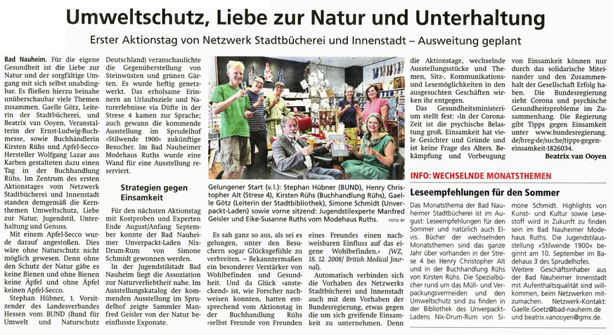 WZ 10.08.2022, Netzwerk Stadtbücherei Bad Nauheim und Innenstadt UMWELTSCHUTZ, LIEBE ZUR NATUR UND UNTERHALTUNG von Beatrix van Ooyen