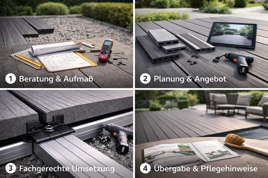 Großzügige WPC-Terrasse in Anthrazit mit LED-Stufenbeleuchtung vor modernem Wohnhaus im Garten – professioneller Terrassenbau in Dresden.