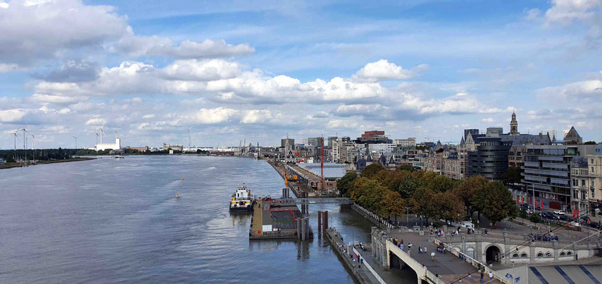 Blick vom Schiff auf das Terminal und Antwerpen