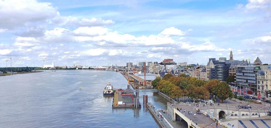 Blick vom Schiff auf das Terminal und Antwerpen