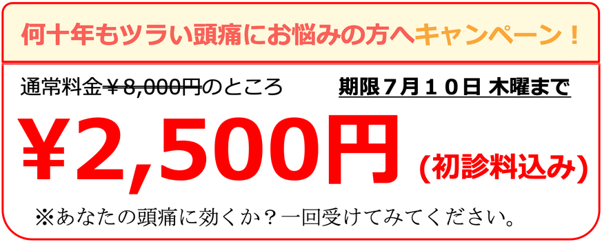 頭痛外来でも治らなかったズキズキガンガンの偏頭痛を治す。頭痛専門なでしこ初回価格2500円です