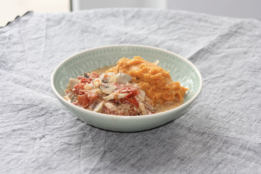 Rezept ChampignonTomatenpfanne mit Süßkartoffelpüree